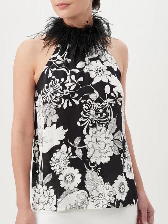 Trina Turk Tops - Trina Turk Grand Ostrich Feather Trim Rayon Floral Halter Blouse Top NWT $228